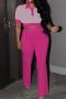plus size 3 colors contrast color button stretch casual pants set_Magenta