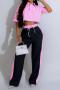 sexy plus size non-stretch striped print crop top straight pants set_Pink