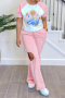 casual plus size slight stretch printed short sleeve hollow pants set_Pink