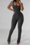 plus size slight stretch pure color bodysuit high wait casual pants set_Dark Gray