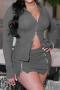 sexy slight stretch hooded zip-up solid color mini skirt sets_Dark Gray