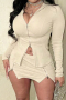 sexy slight stretch hooded zip-up solid color mini skirt sets_Dark Gray_Beige