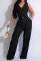 plus size 5 colors pure color single breasted vest non-stretch flax pants set_Black
