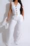 plus size 5 colors pure color single breasted vest non-stretch flax pants set_Black_White
