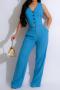 plus size 5 colors pure color single breasted vest non-stretch flax pants set_Black_White_Red_Dark Green_Blue