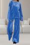 casual slight stretch simple solid color loose velvet pants set_Blue