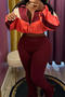 casual plus size stretch high waist contrast color pants set new add color_Black_Dark Gray_Rose Red