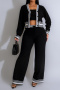 autumn stylish contrast color stripe stretch casual knitted pants 3-pieces set_Black