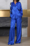 new single breasted non-stretch leopard jacquard loose casual shirt pants set_Gray_Blue