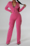 casual plus size slight stretch solid color tight bodysuit cargo pants set_Black_Magenta