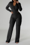 casual plus size slight stretch solid color tight bodysuit cargo pants set_Black