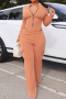 casual plus size slight stretch solid color tight bodysuit cargo pants set_Black_Magenta_Orange