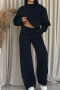 six colors casual plus size stretch crewneck sweatshirt wide leg pants set_Black
