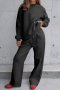casual plus size stretch loose solid crewneck sweatshirt drawstring pants set_Black