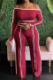 casual plus size stretch contrasting off-shoulder top loose wide leg pants set_Black_Red