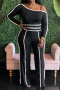 casual plus size stretch contrasting off-shoulder top loose wide leg pants set_Black