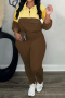 plus size slight stretch contrast color zip-up casual pants set(new added color)_Red_Sea Blue_Beige_Brown