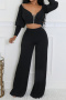 casual plus size stretch solid zip-up cropped top high waist wide leg pants set_Black
