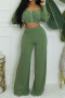 casual plus size stretch solid zip-up cropped top high waist wide leg pants set_Black_Dark Green