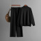 casual stretch high collar solid color sweater drawstring pocket pants set_Black