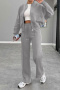 casual plus size non-stretch solid fleece zip-up cardigan straight pants set_Black_White_Gray