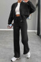 casual plus size non-stretch solid fleece zip-up cardigan straight pants set_Black