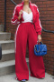 plus size autumn winter contrast color zip-up slight stretch casual pants set_Black_Gray_Red