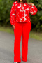 stylish plus size non-stretch leaf printing 3 colors top & wide-leg pants set_Red