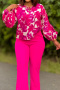 stylish plus size non-stretch leaf printing 3 colors top & wide-leg pants set_Red_Magenta