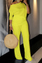 casual plus size slight stretch 3 colors oblique shoulder top & pants set_White_Yellow