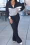 new stylish plus-size slight stretch patchwork contrast lapel tops pants sets_Black