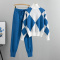 casual plus size slight stretch contrast color knitted diamond sweater pants set_Black_Red_Blue