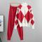 casual plus size slight stretch contrast color knitted diamond sweater pants set_Black_Red