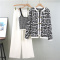 casual slight stretch knitted jacquard crop vest three-piece set_Black_White