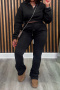 casual plus size non-stretch fleece crop sweatshirt high waist pants set_Black