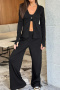 casual slight stretch pure color ribbed knit three-piece set_Black