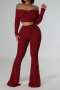 casual plus size slight stretch off shoulder crop top high waist pants set_Deep Yellow_Brown_Red