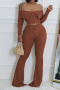 casual plus size slight stretch off shoulder crop top high waist pants set_Deep Yellow_Brown