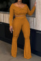casual plus size slight stretch off shoulder crop top high waist pants set_Deep Yellow