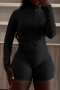 plus size stretch solid color long sleeve thumb hole shorts set new add colors_Black