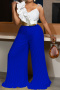 stylish plus-size slight stretch ruffle tops & 4-color pants sets(with belt)_Black_Red_Yellow_Sea Blue