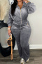 new plus-size slight stretch 6-color flannelette lapel tops & lace-up pants sets_Black_Gray