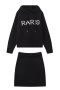 casual slight stretch ribbed knit hooded mini skirt sets_Black