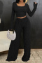 casual plus size slight stretch solid color jacquard crop top and pants set_Black