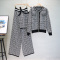casual stretch knitted jacquard vest sweater wide leg pants three-piece set_Black