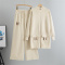 casual slight stretch solid color knitted mid-length zip-up cardigan pants set_Black_Gray_Orange_Beige