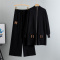casual slight stretch solid color knitted mid-length zip-up cardigan pants set_Black