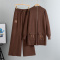 casual slight stretch solid color knitted mid-length zip-up cardigan pants set_Black_Gray_Orange_Beige_Khaki _Brown