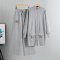 casual slight stretch solid color knitted mid-length zip-up cardigan pants set_Black_Gray