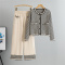 casual slight stretch knitted plaid cardigan sweater wide leg pants set_Black_Beige